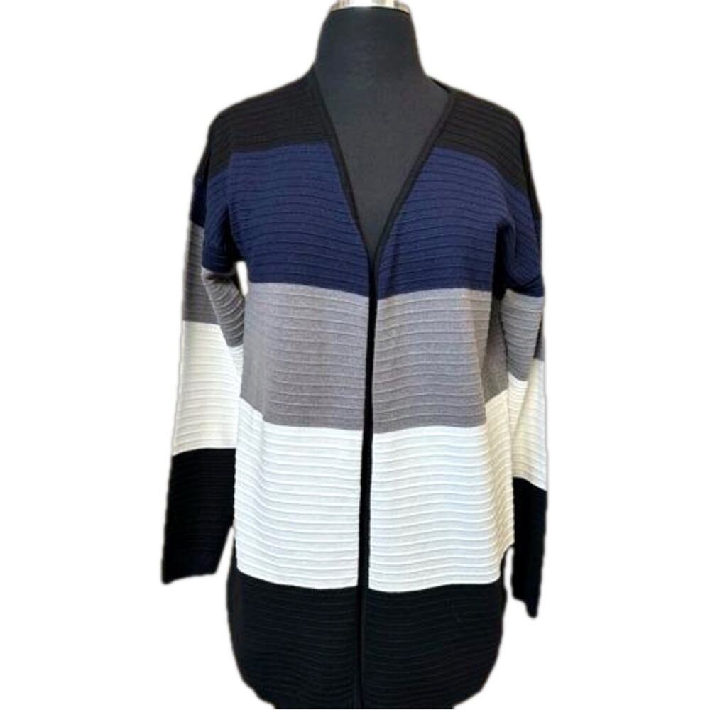 Sioni Open Front Color Block Cardigan Blue Gray White Black Size M Office Casual